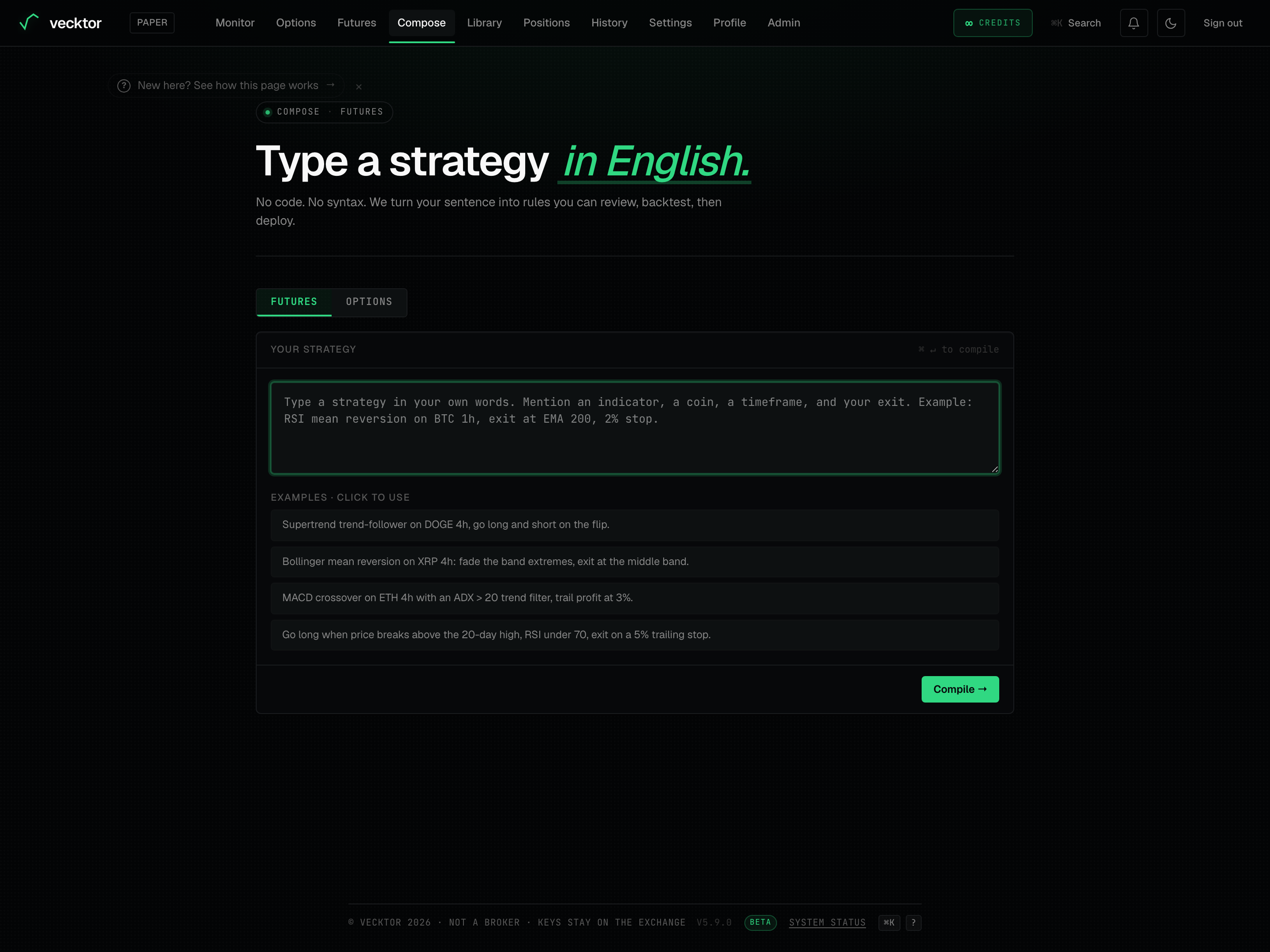 The Your strategy text box with its compile keyboard shortcut hint.