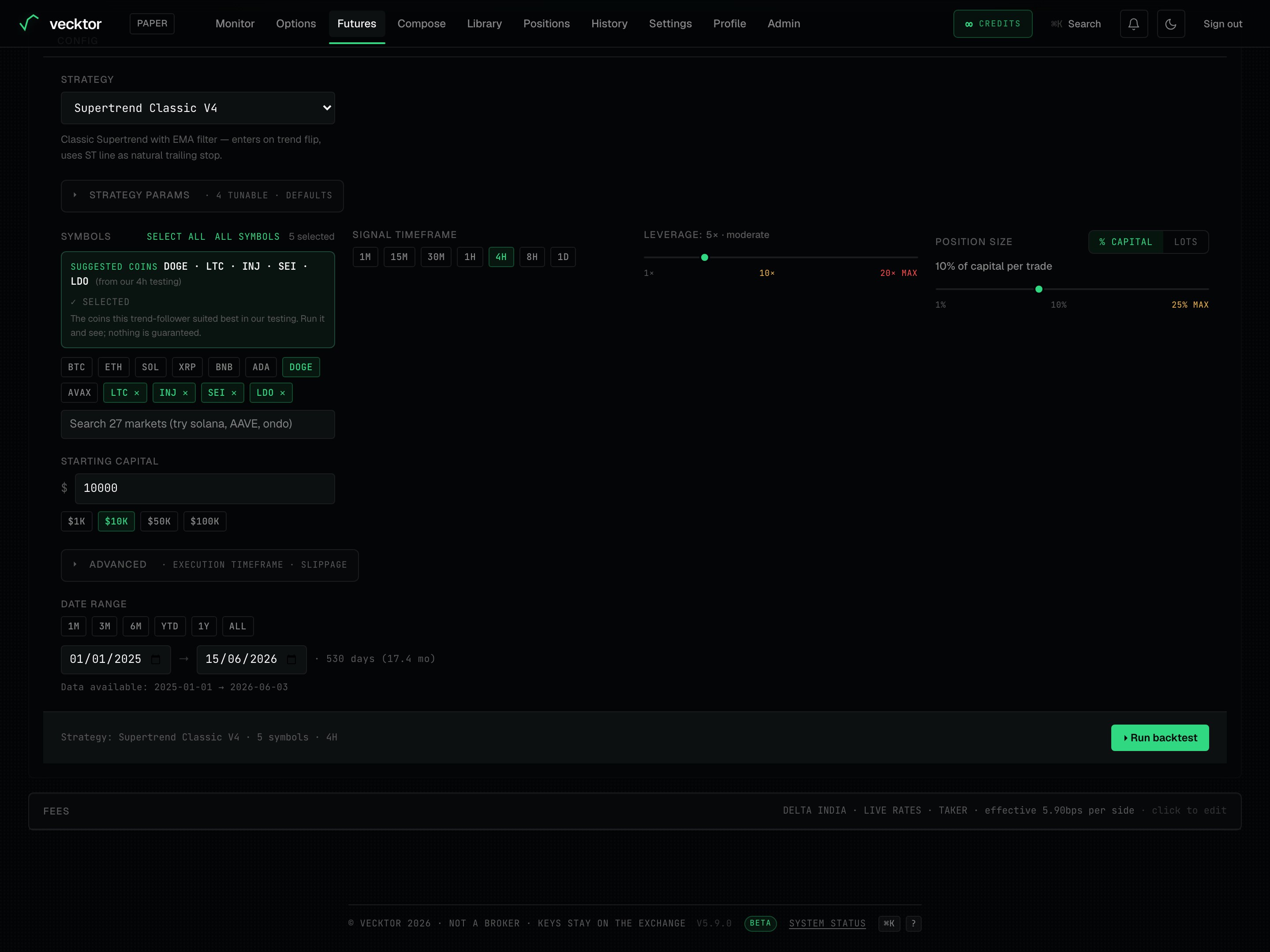 The Leverage slider, Position size and Starting capital controls on the Tune step.