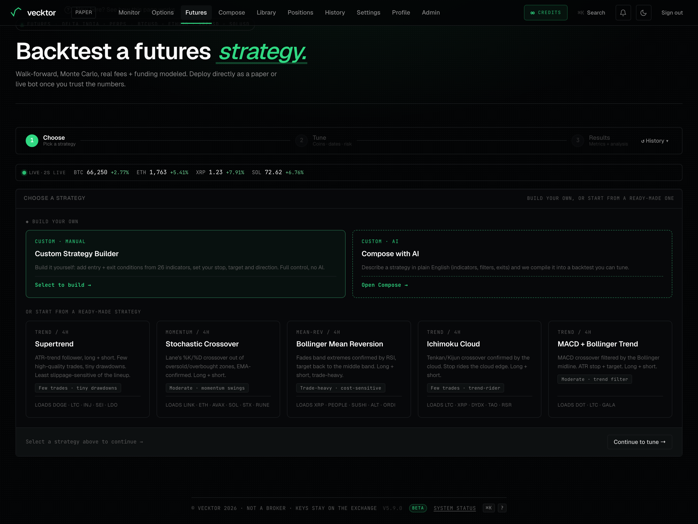 The Choose, Tune and Results step strip at the top of the futures page, with the History button.