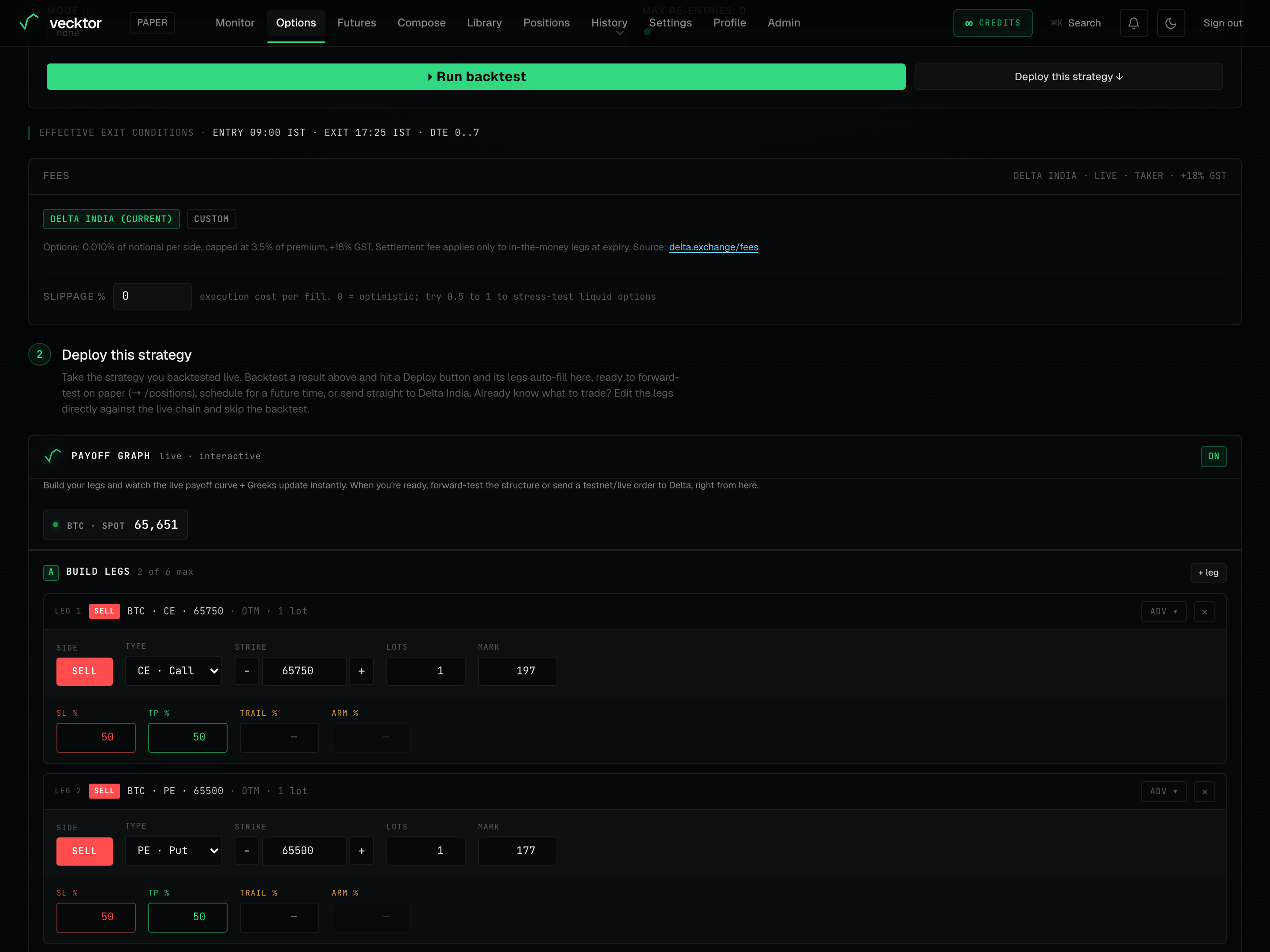 The fees and slippage controls on the options page.