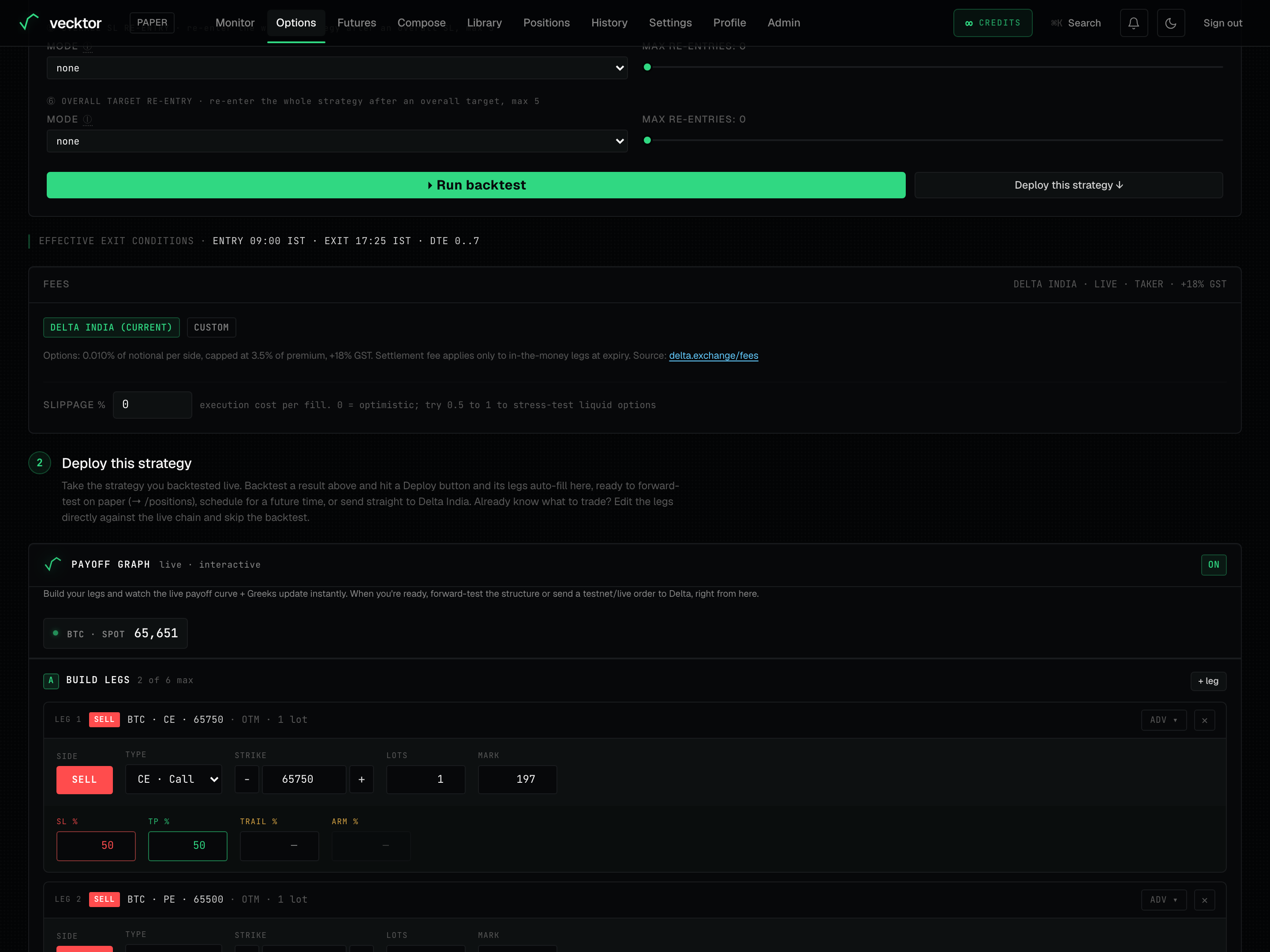 The Run backtest button on the options page.