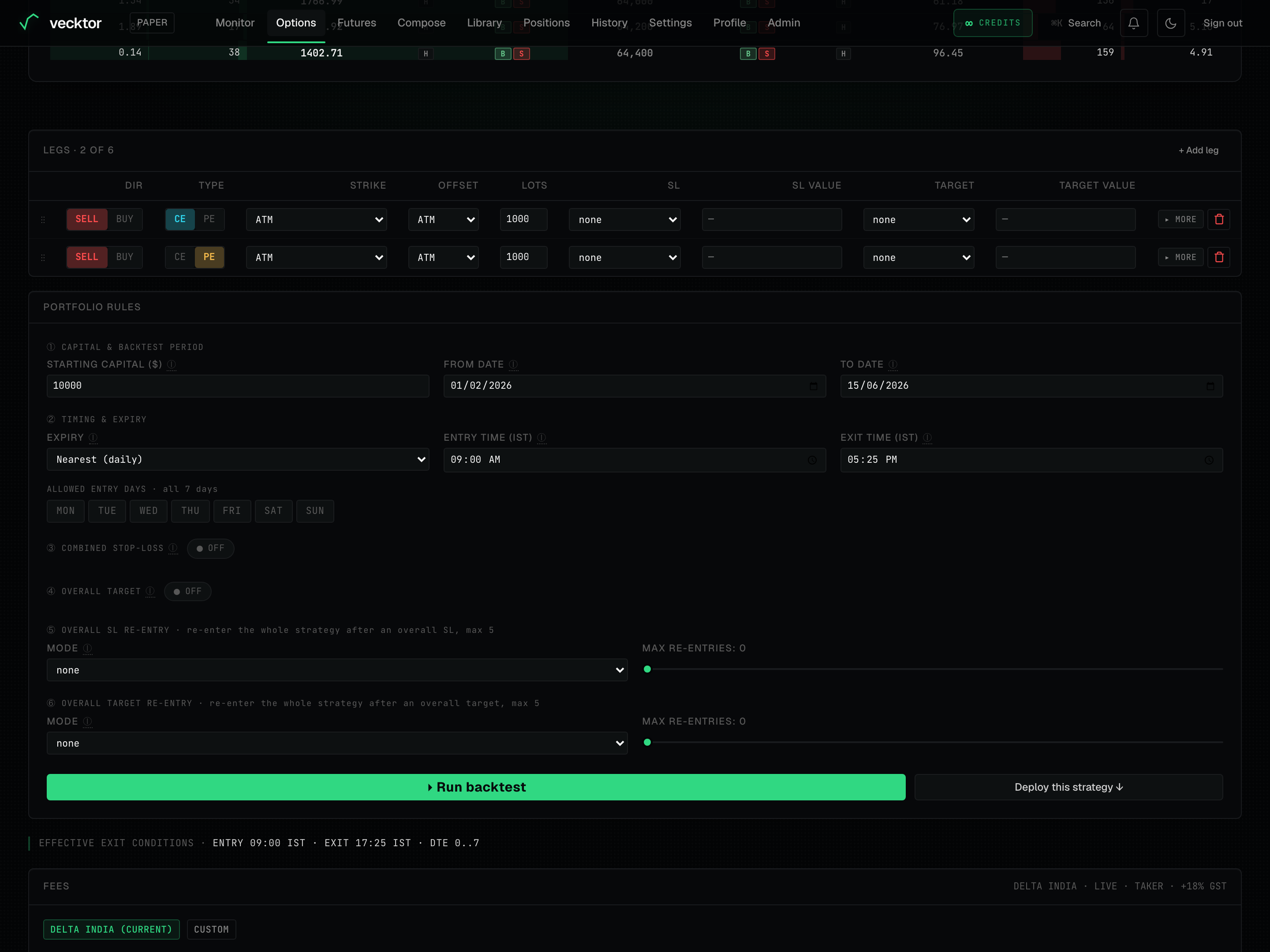 The Strike method and OFFSET columns on a leg in the options builder.