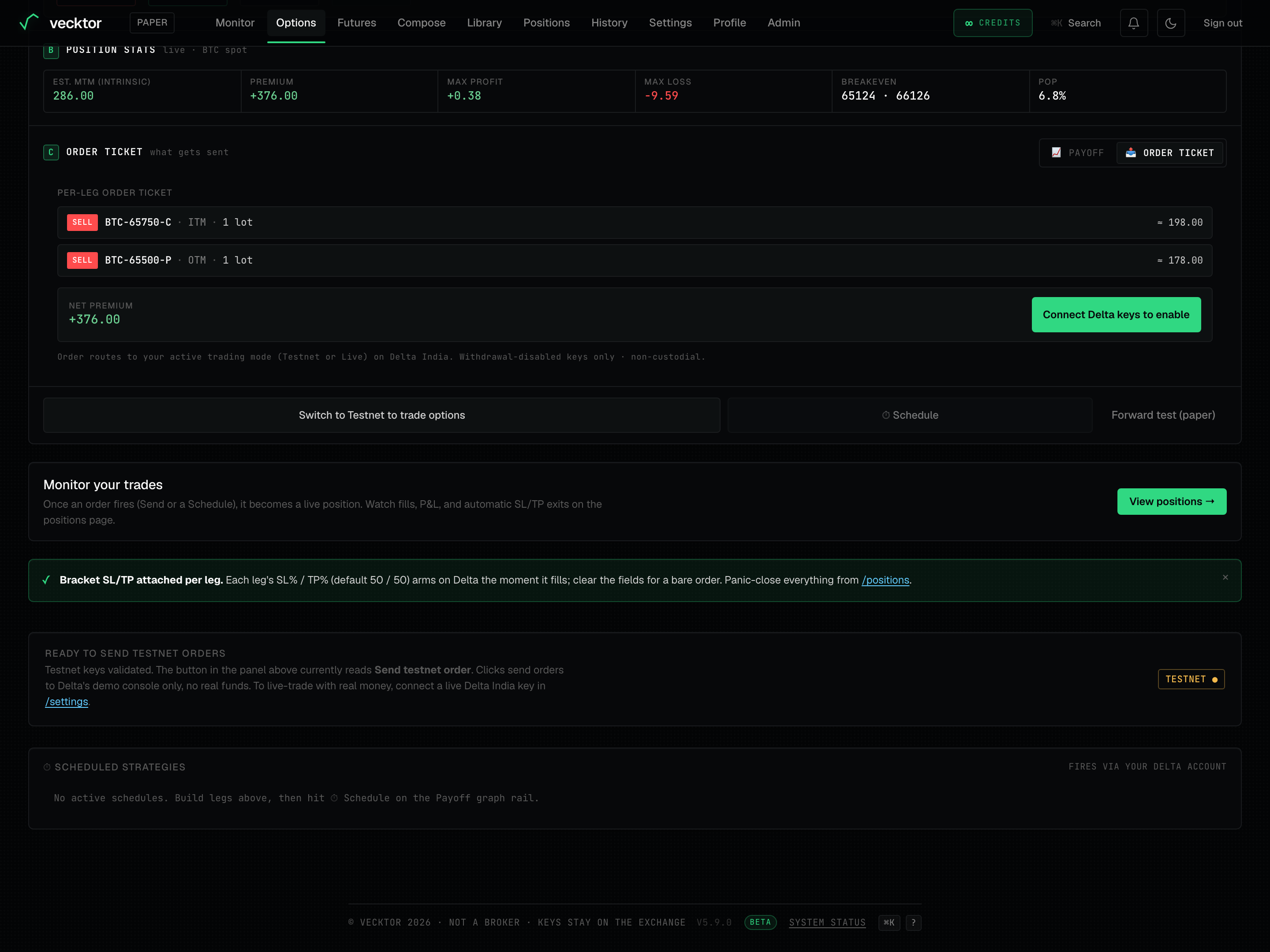 The Schedule button that opens the Run this strategy modal on the options page.