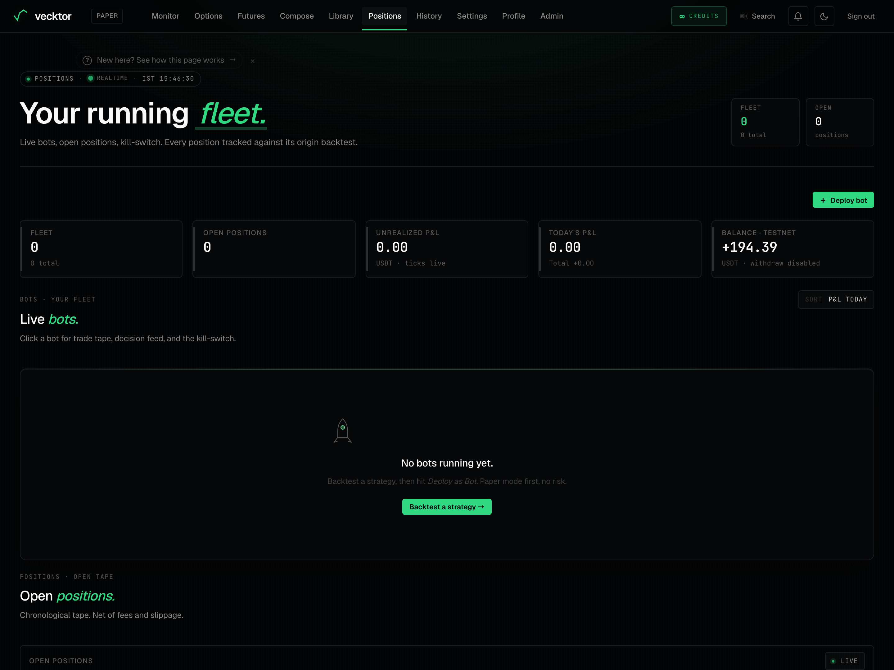 The trading mode chip in the top navigation, set to PAPER.
